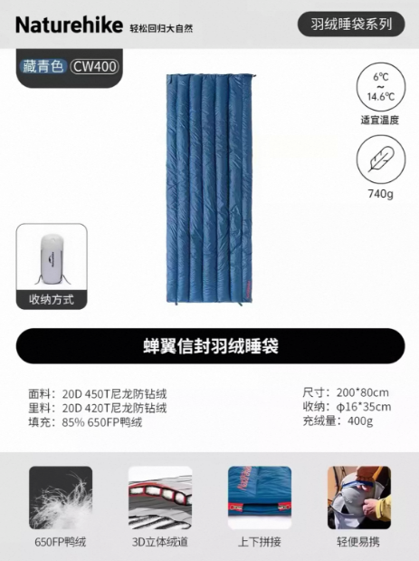 Naturehike Cicada Wing Envelope Hooded Down Sleeping Bag - 85% 650FP Duck Down, 400g Fill, 20D Nylon, 740g, Comfort 6°C-14.6°C, for Camping & Backpacking 挪客 蝉翼信封带帽羽绒睡袋 - 85% 650FP鸭绒 400g充绒量 20D尼龙 740g