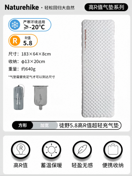 Naturehike Tuye R5.8 Ultralight Inflatable Sleeping Pad - High R-Value, Fast Inflation, for 3-Season & High Altitude Camping 挪客 徒野 高R值充气垫 超轻便携 快速充气 户外露营睡垫